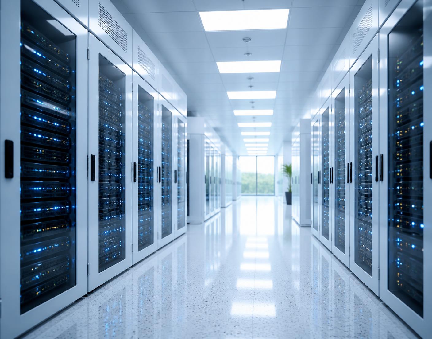 Rows of secure server racks inside a modern data centre